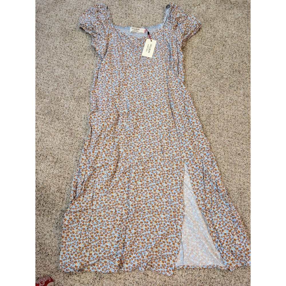 Idyllwind Miranda Lambert Ditsy Floral Smocked Midi Dress Blue Caramel L NEW
